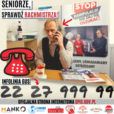 Plakat z numerem telefonu na infolinię GUS oraz adres oficjalnej strony spisu